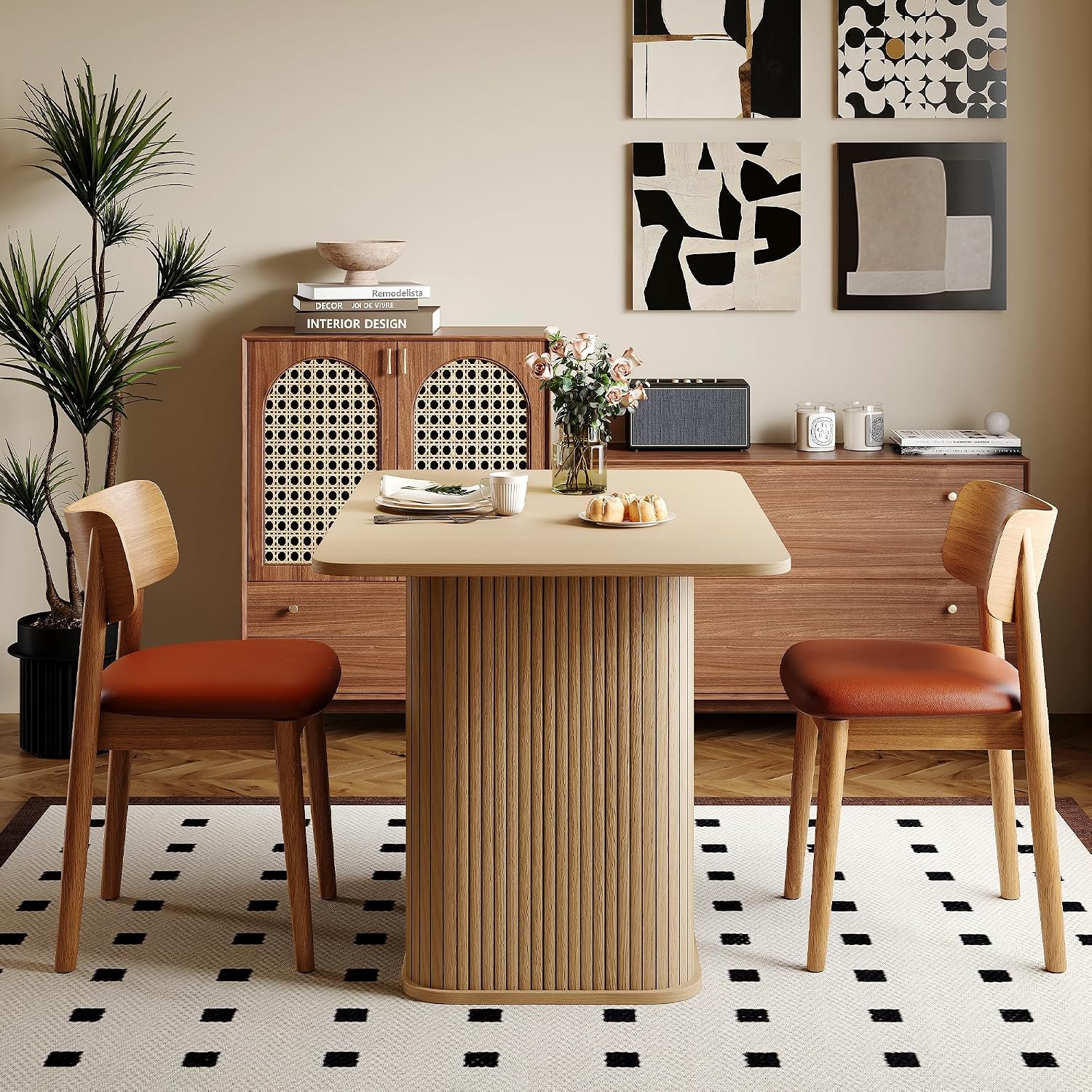 FUQARHY Dining Table for 4, Small Rectangular Kitchen Table for 2 with 3-Tier Storage Shelf, Farmhouse Modern Fluted Wood Table (Oak)