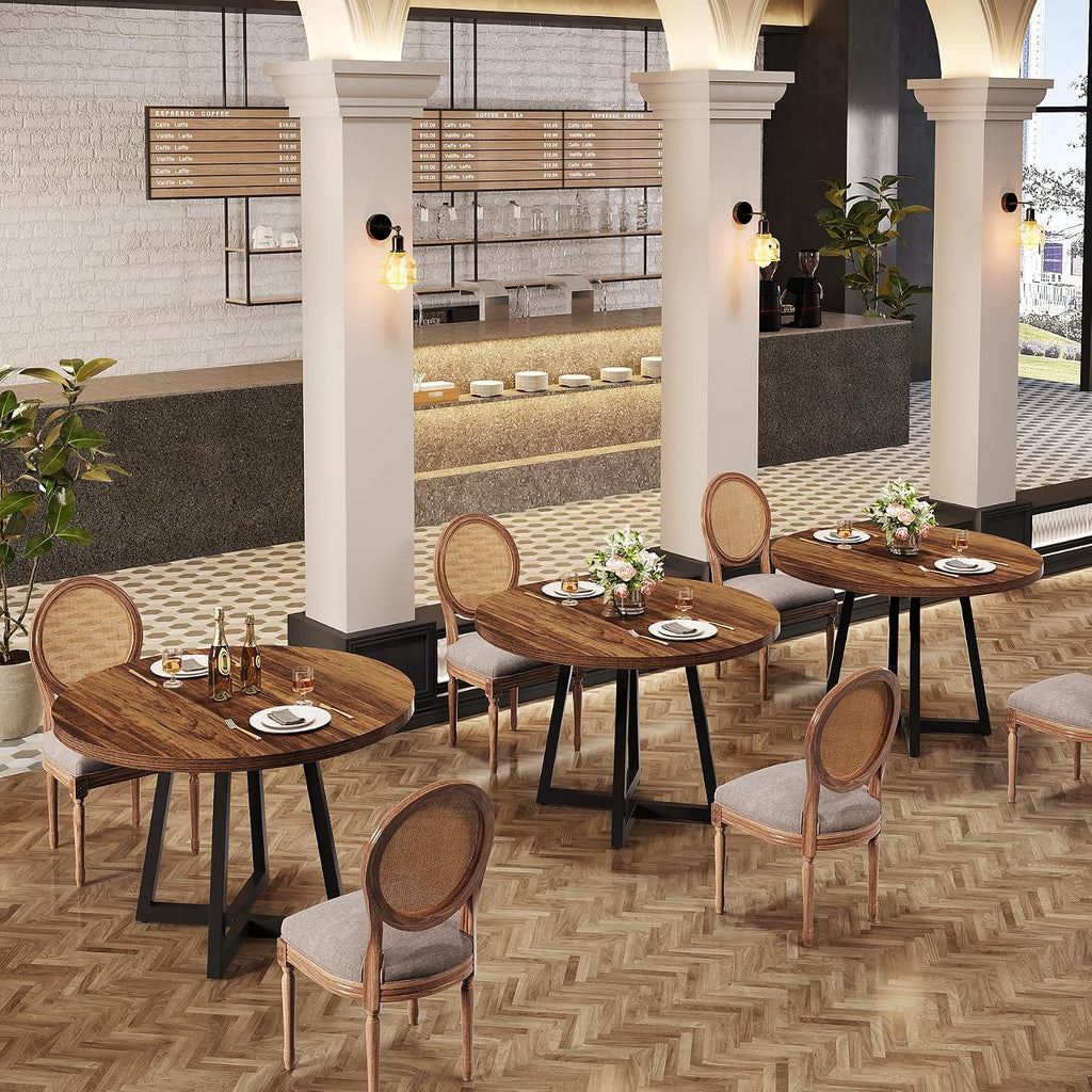 Tribesigns Round Commercial Dining Table Set of 6, 31.5' Heavy Duty Dinner Table with Metal Base, Wooden Kitchen Table for Restaurant, Cafe, Bakery, School, Apartment, Rustic Brown & Black