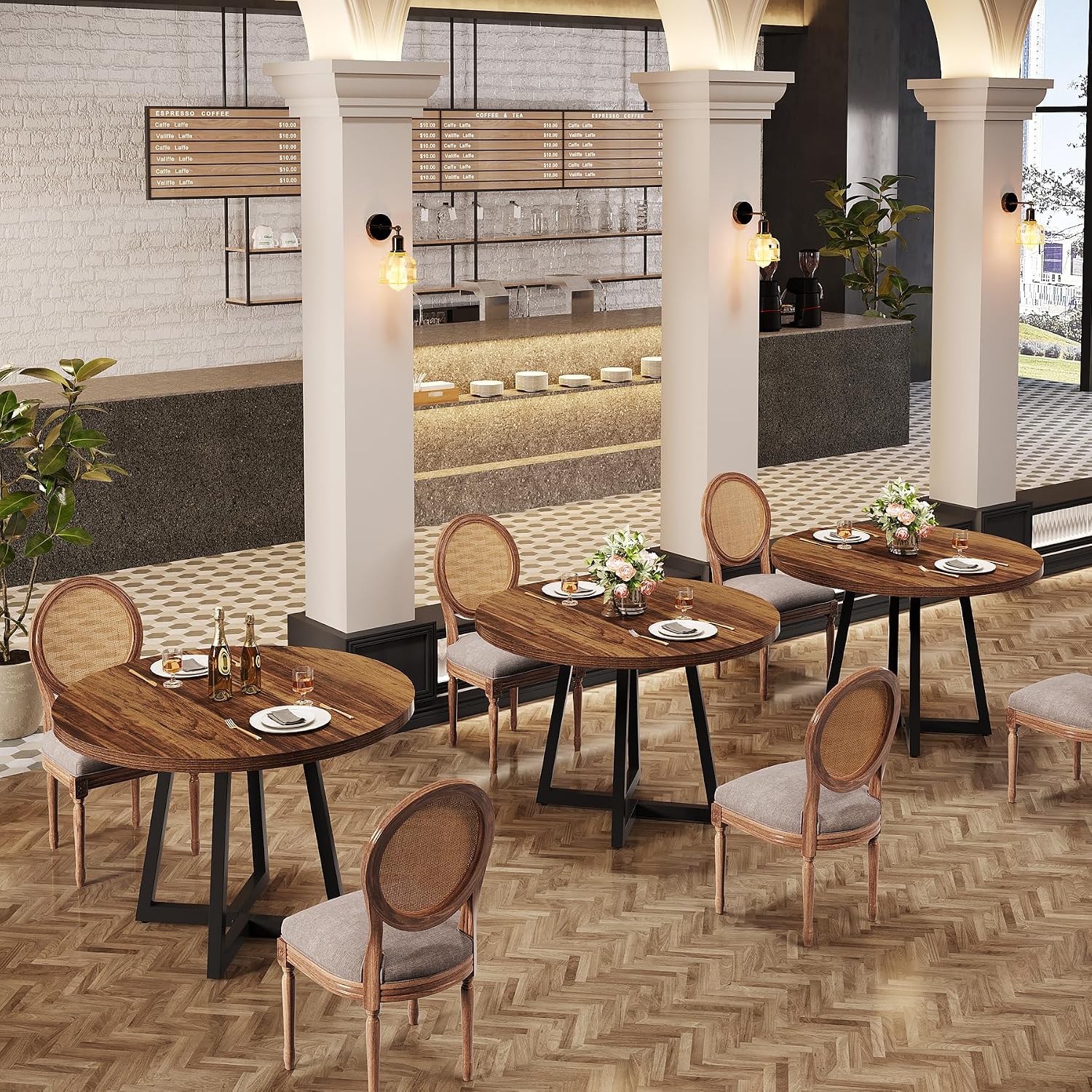 Tribesigns Round Commercial Dining Table Set of 6, 31.5' Heavy Duty Dinner Table with Metal Base, Wooden Kitchen Table for Restaurant, Cafe, Bakery, School, Apartment, Rustic Brown & Black