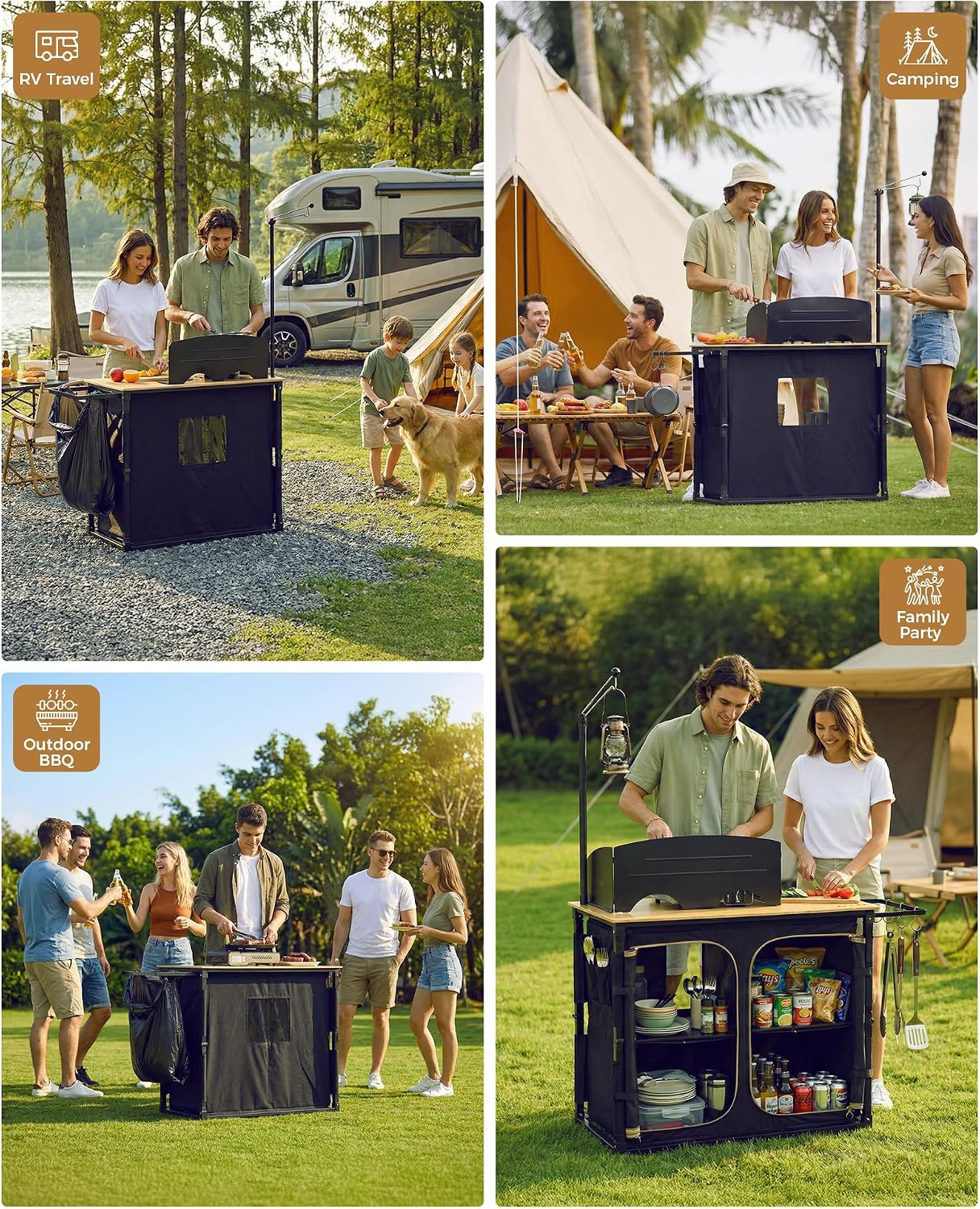 KingCamp Bamboo Camp Kitchen Station, Folding Overland Camping Kitchen Table Hooks Portable Outdoor Cooking with Adjustable Lantern Pole & Windshield Storage Organizer for Tailgating BBQ Picnic RV