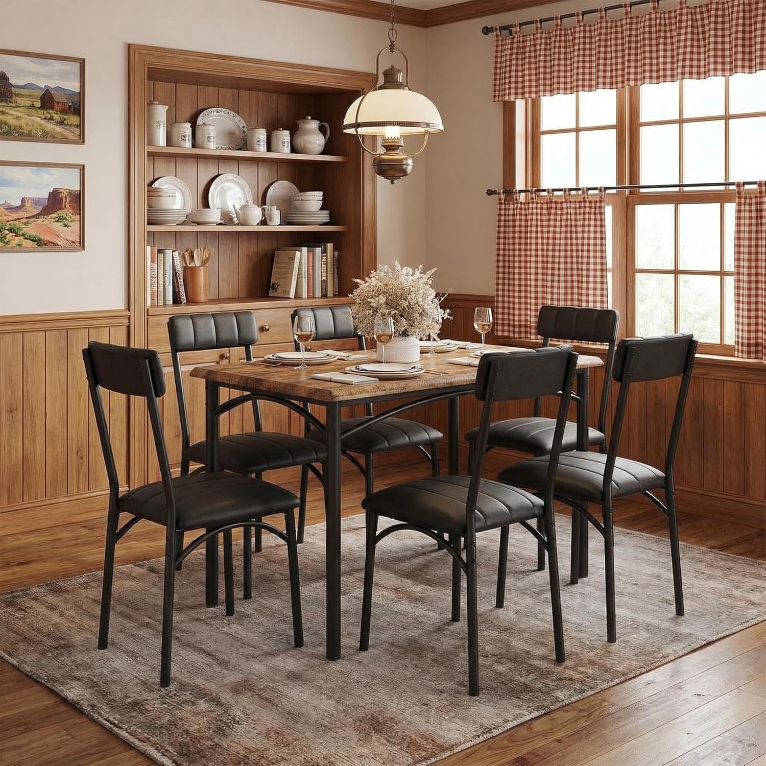 GarveeHome Dining Table Set for 4, Kitchen Table with 4 Upholstered Chairs, Wood Rectangular Dining Table and Chairs Set, for Small Space, Apartment, Dinner, Rustic Brown