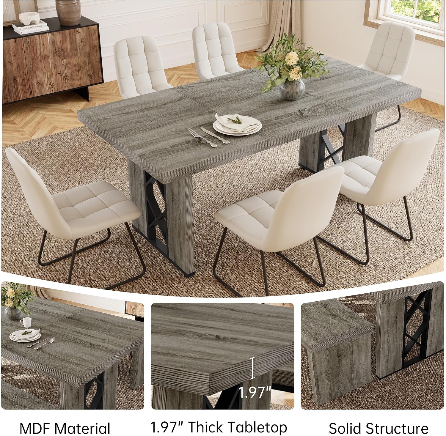 HIPIHOM 7-Piece Dining Table Set for 6 People, 70.8' MDF Kitchen Table with 6 Upholstered Chairs, Space-Saving for Dining Room, Breakfast Nook(Grey Table+6 White Chairs)