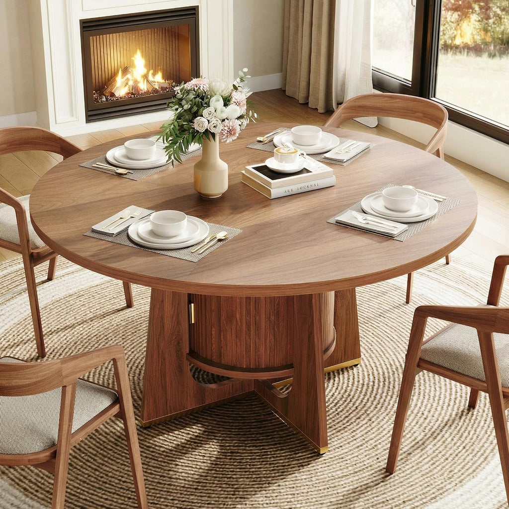 IRONCK 47 Inch Round Dining Table for 4-6 People with Built-in Storage Cabinet, Mid-Century Modern Kitchen Table for Dining Room, Kitchen, Living Room (Walnut)