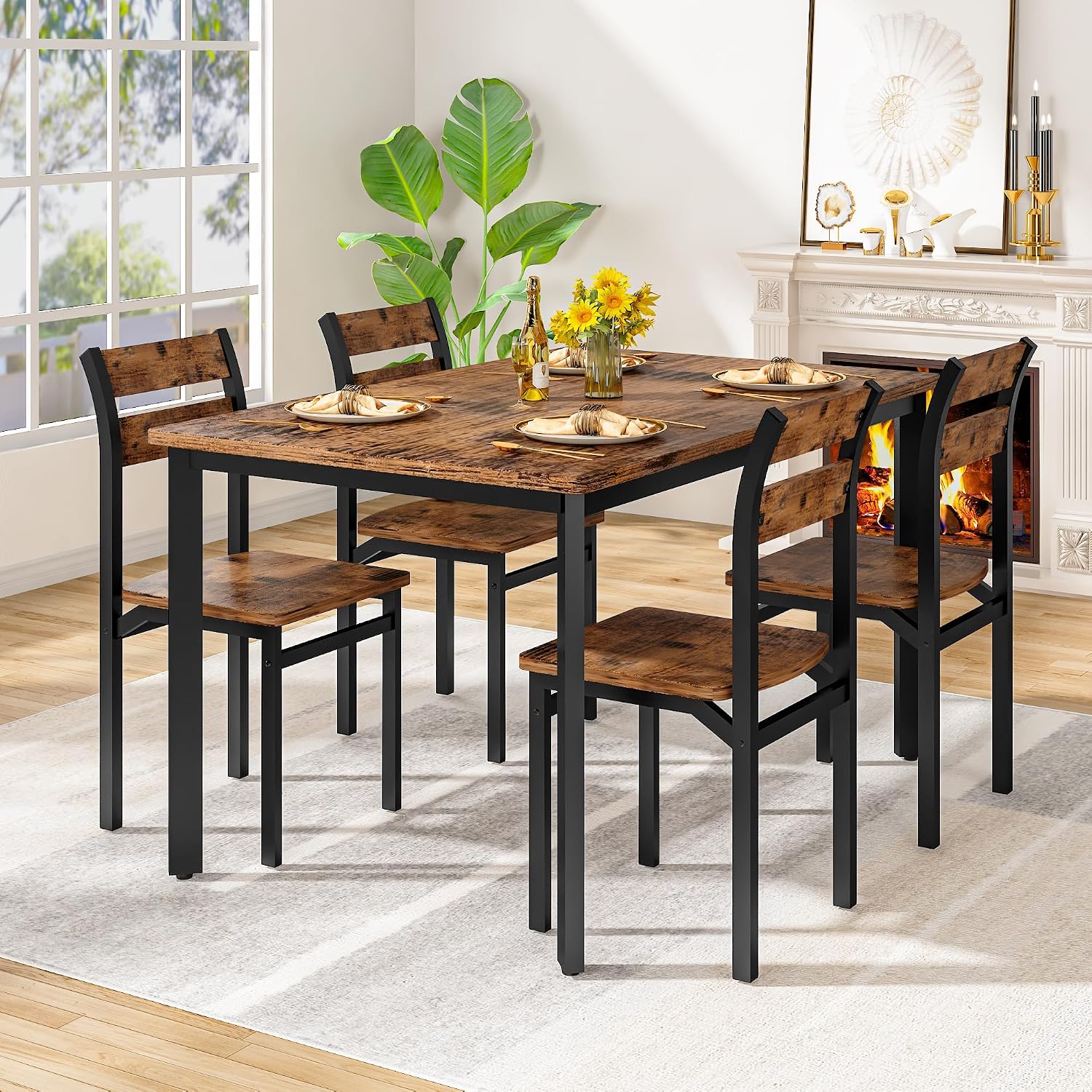 DKLGG Dining Room Table Set for 4 Farmhouse 5 Piece Dining Table Set, Small Kitchen Table Set for 4 for Kitchen and Dining, Apartment (Rustic Brown)