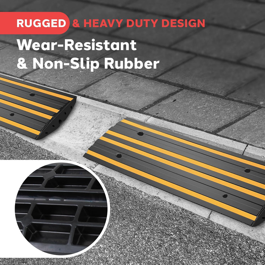 Pyle 8 Ft. Rubber Curb Ramp Set - Pack of 2 Heavy Duty Non-Slip Threshold Ramps for Driveways & Sidewalks, Waterproof, Yellow Reflective Strips, Expansion Screws Included, 48''x16''x2.6'' Inches