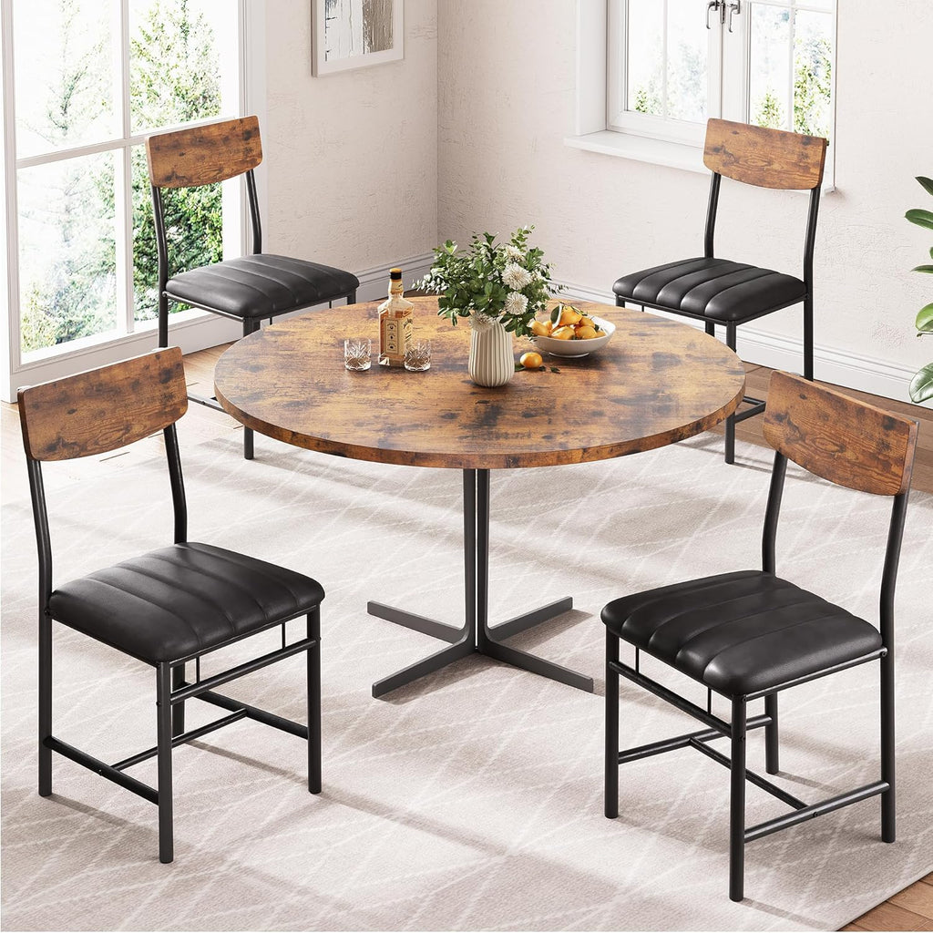 Jocoevol Industrial Dining Chairs Set of 4 - Upholstered Dining Room Chairs with PU Leather, Kitchen Chairs with Wooden Backrest and Thickened Metal Legs, for Dining Room, Living Room（Rustic Brown）