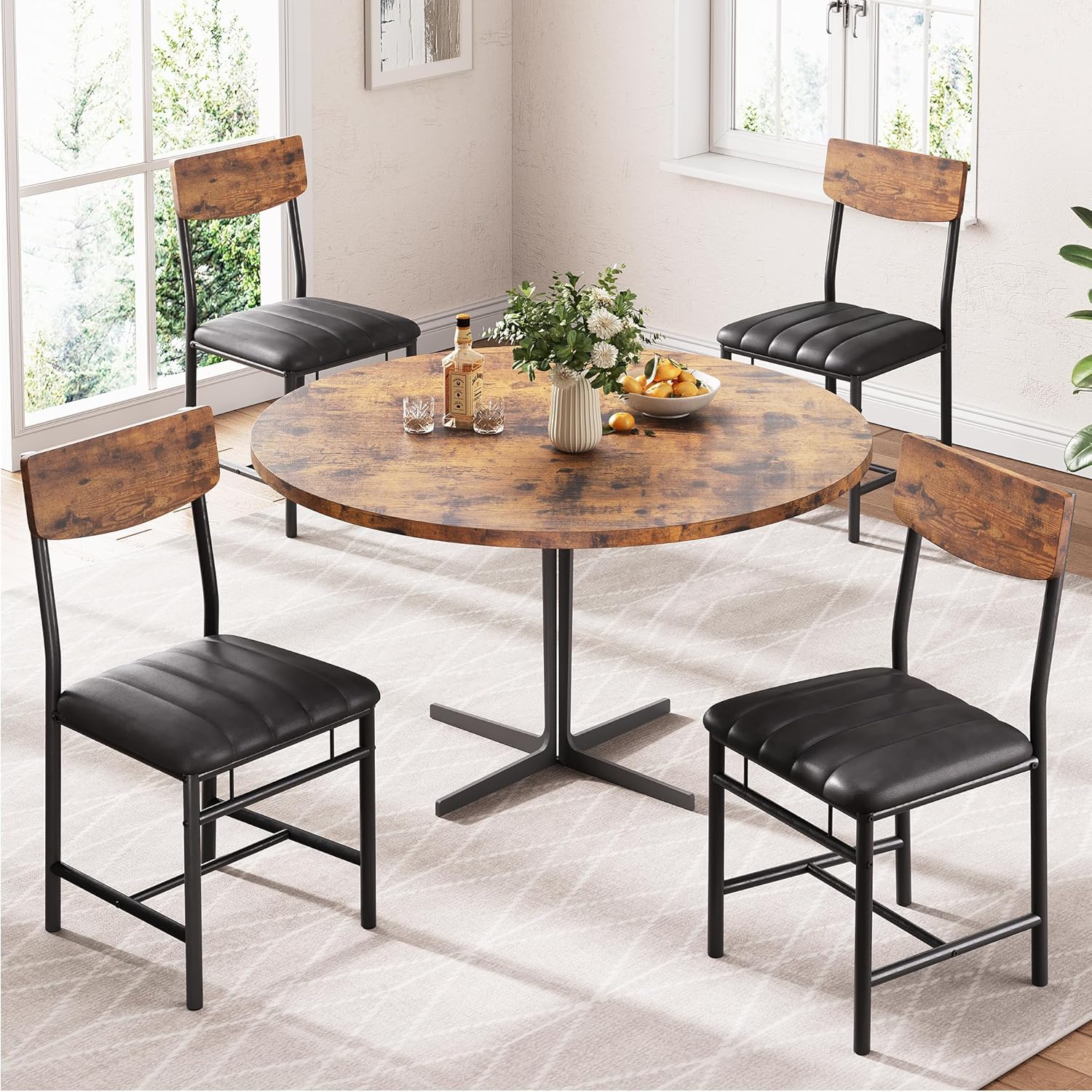 Jocoevol Industrial Dining Chairs Set of 4 - Upholstered Dining Room Chairs with PU Leather, Kitchen Chairs with Wooden Backrest and Thickened Metal Legs, for Dining Room, Living Room（Rustic Brown）