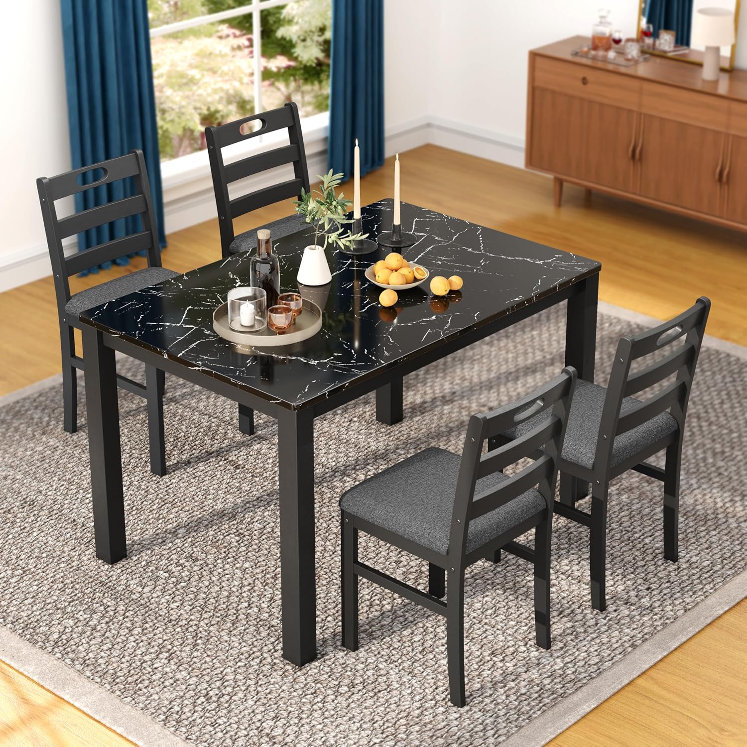 Sophia & William 5 Piece Dining Table Set for 4, Faux Marble Kitchen Table and Chairs Set, Solid Wood Farmhouse Dinner Table Set,Veined Black Marble & Gray