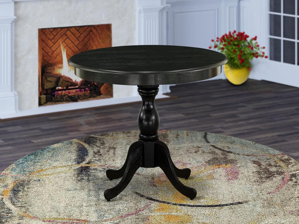 East West Furniture AMT-ABK-TP Antique Dining Table - a Round Wooden Table Top with Pedestal Base, 36x36 Inch, Wirebrushed Black