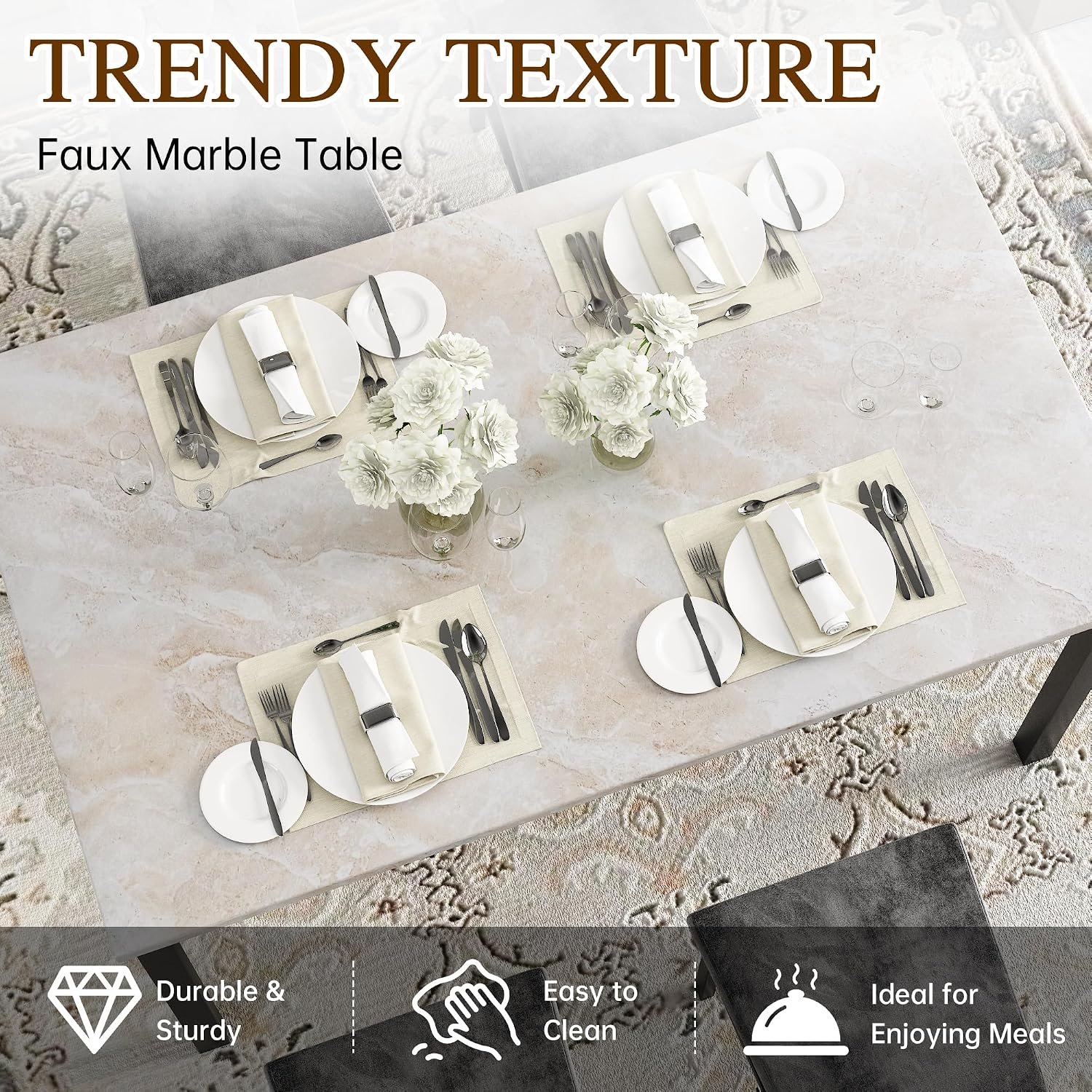 Hooseng Dining Table Set for 4, Faux Marble Small Kitchen Table Chairs Set of 4 with Luxurious Button Tufted Dinner Chairs for Kitchen and Dining (Beige)