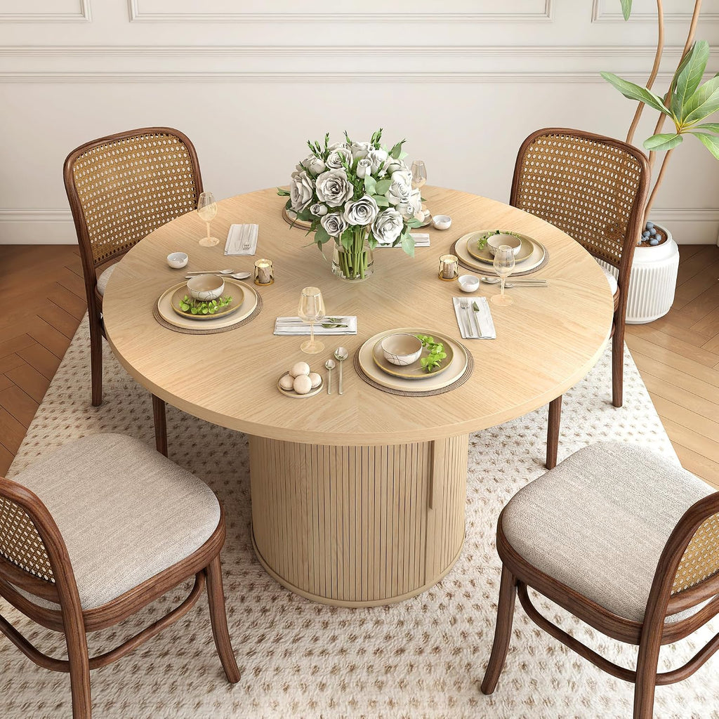 weselon 47 inch Round Dining Table for 4, Kitchen Table Dinner Table with 2-Layer Storage Shelf and Wood Slide Door for Home Dining Room Living Room (Natural)