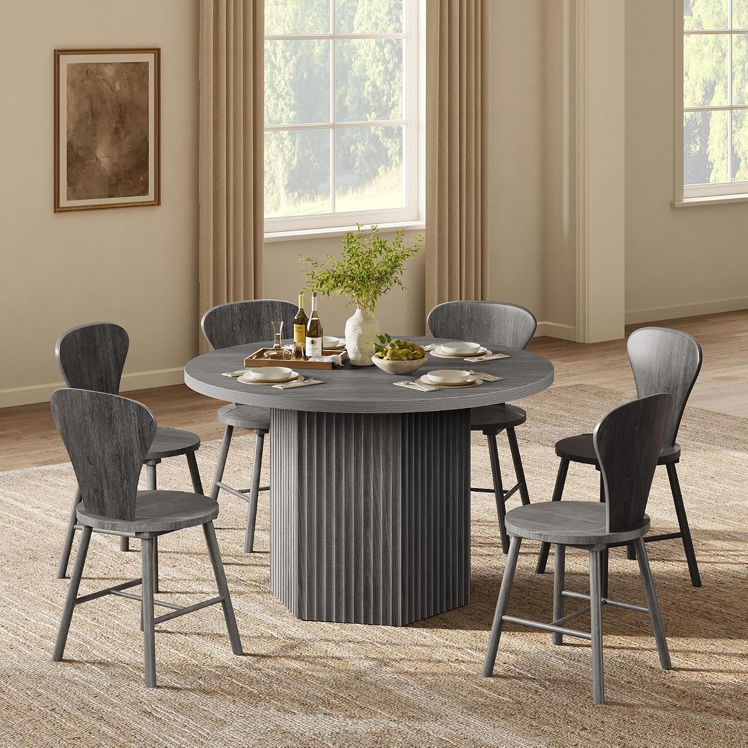 SICOTAS Round Dining Table for 4 6 People 47' Fluted Kitchen Dinner Table Modern Wooden Circle Dining Room Table with Sturdy Base for Dining Room Kitchen Living Room, Dark Grey Alder