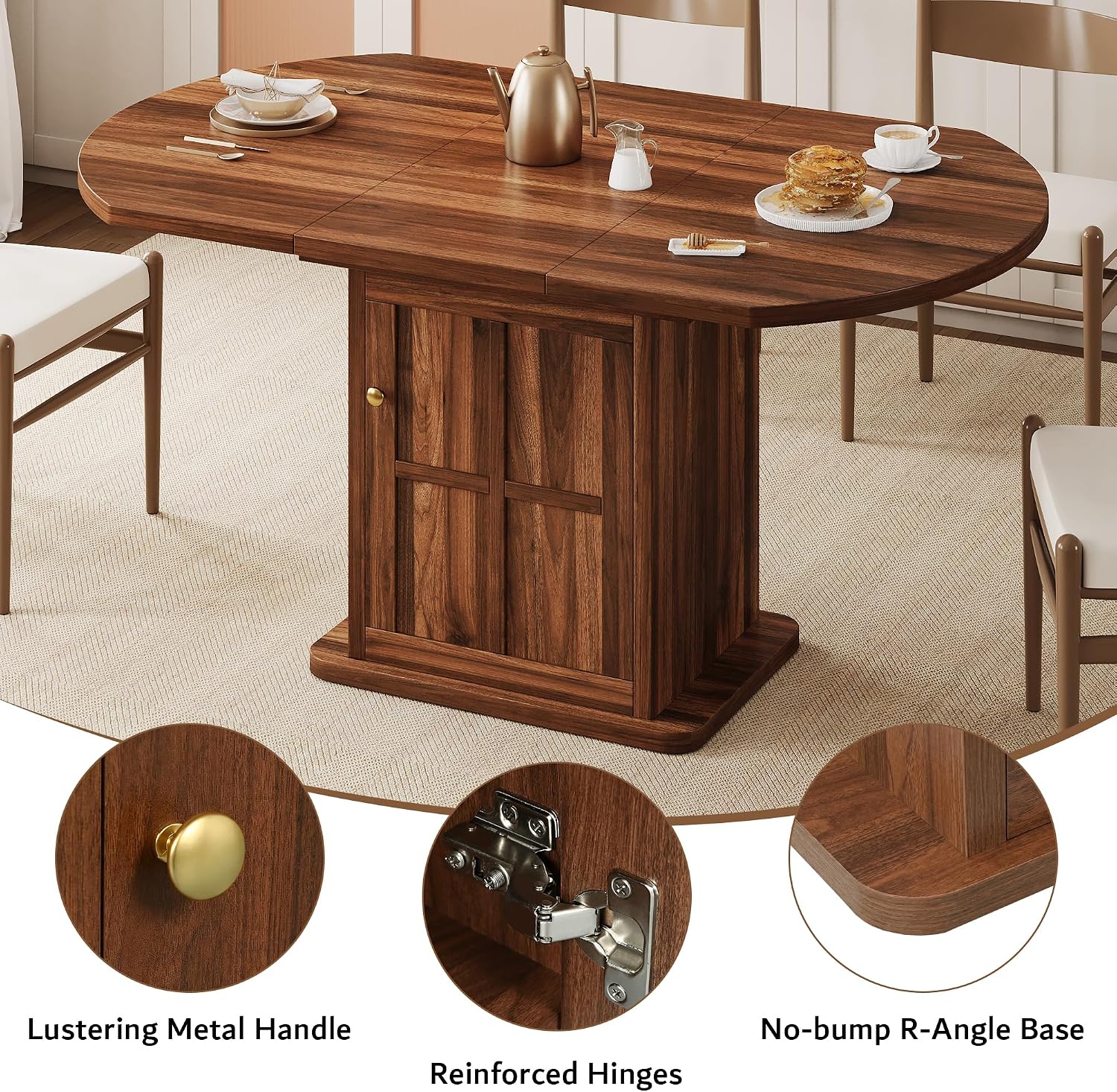 iPormis Round Dining Table for 4-6, 59'' Extendable Dining Room Kitchen Table with 2-Tier Storage Shelf, Wood Dinner Table with Door, Sturdy Pedestal Base, Space Saving, Kitchen, Dining, Walnut
