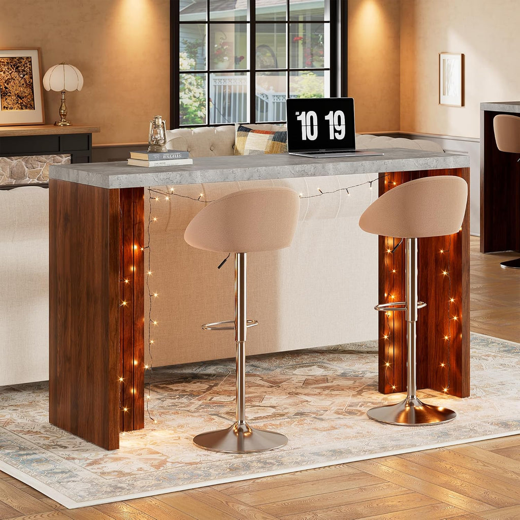 Bar Table for 4-6 People - 55' Long Counter Height Pub with Extra Thickened Tabletop, Modern Rectangular Home Bar Coffee Unit for Kitchen, Dining Room, Balcony, Living Room, Basement, Gray+Walnut