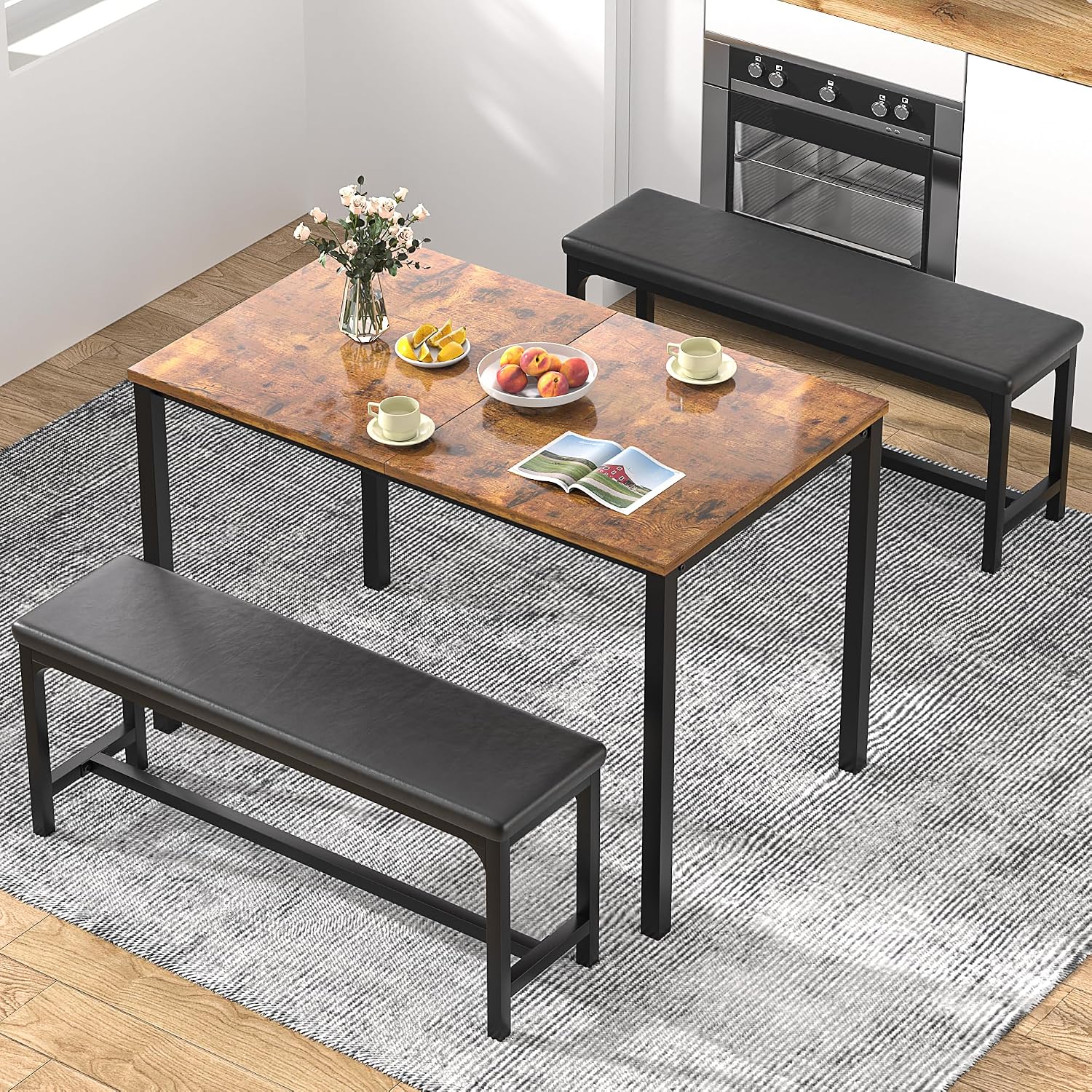 VECELO 3-Piece 63' Extendable Kitchen Table with Benches/Chairs, Modern Breakfast Dinette/Dining Room Set for 4/6/2, Small Space Saving Design, Easy Assembly