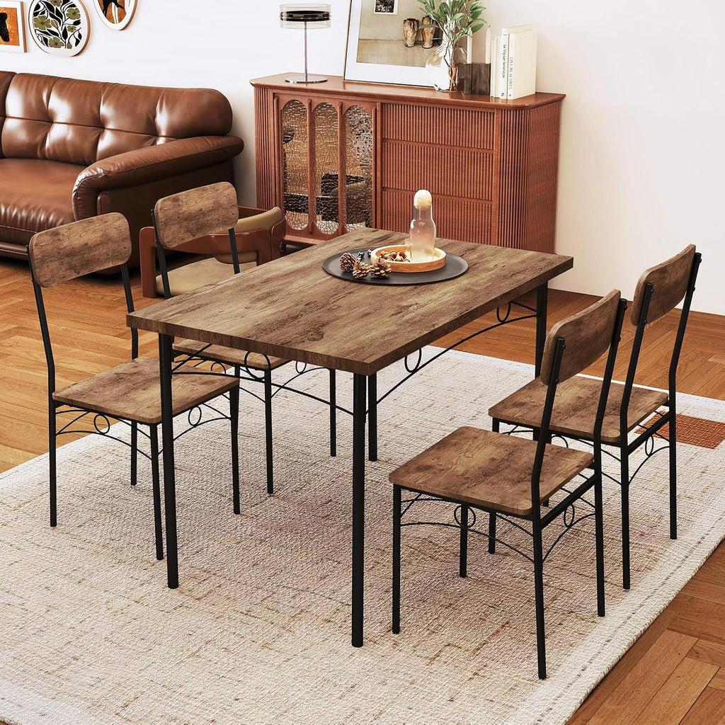 Giantex Dining Table Set for 4, Rectangle Kitchen Table and 4 Farmhouse Dining Chairs with Heavy-Duty Metal Frame, Wood Grain Surface,Space-Saving Dinette Set for Small Space, Home, Restaurant