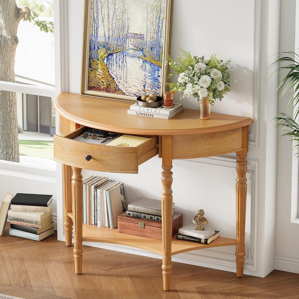 LKTART Vintage Half Moon Console Table with Solid Pinewood Frame & Legs, Modern Entryway/Sofa Table for Living Room,Hallway,Foyer,Behind Couch (Natural 39')