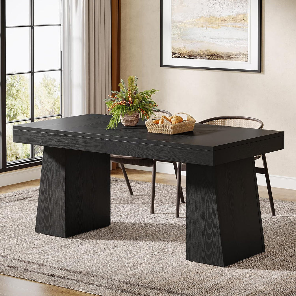 Tribesigns Black Dining Room Table for 4-6, 55-Inch Mid-Century Modern Dining Table with Double Pedstral, Rectangular Wood Kitchen Dinner Table for Dining Room, Kitchen, Home