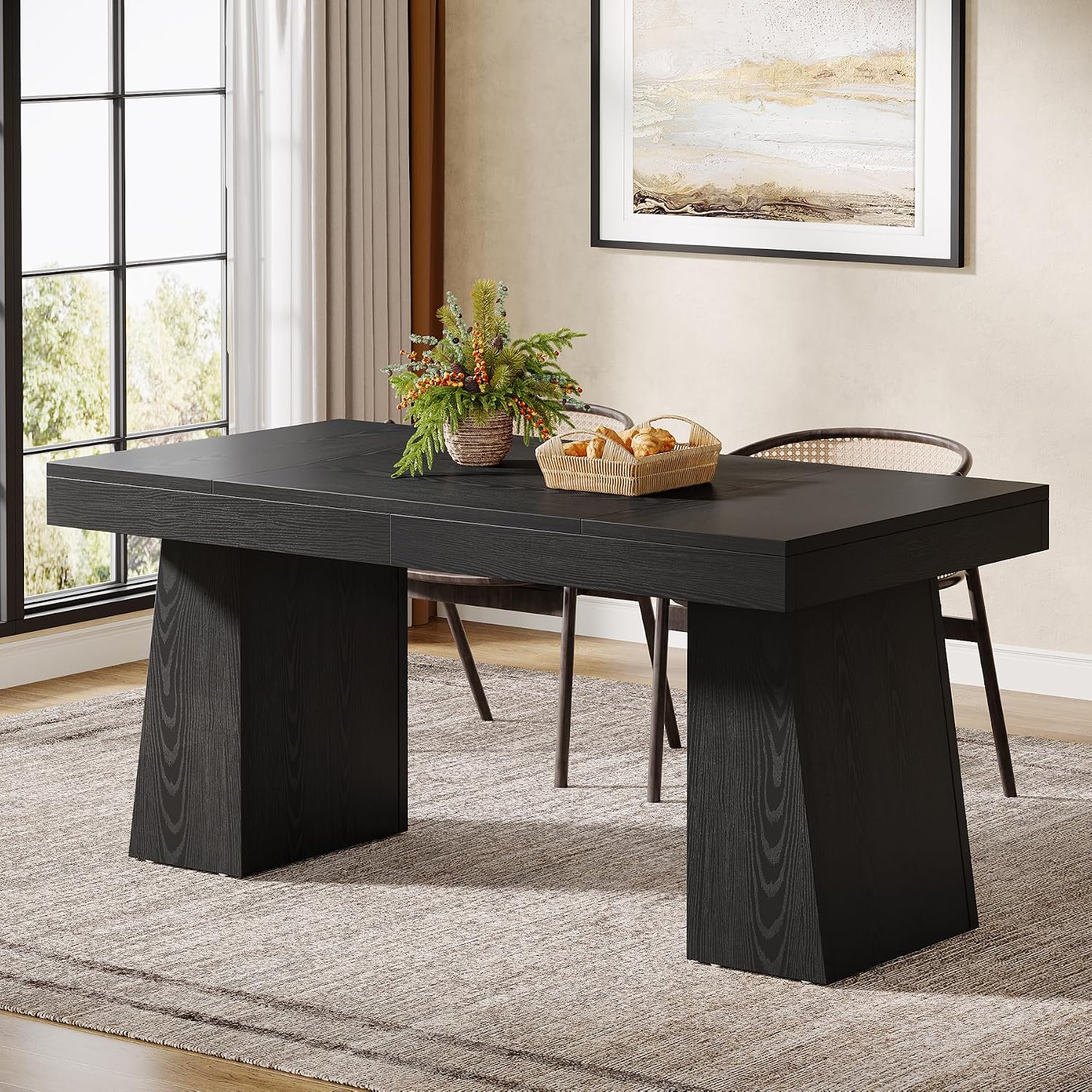 Tribesigns Black Dining Room Table for 4-6, 55-Inch Mid-Century Modern Dining Table with Double Pedstral, Rectangular Wood Kitchen Dinner Table for Dining Room, Kitchen, Home