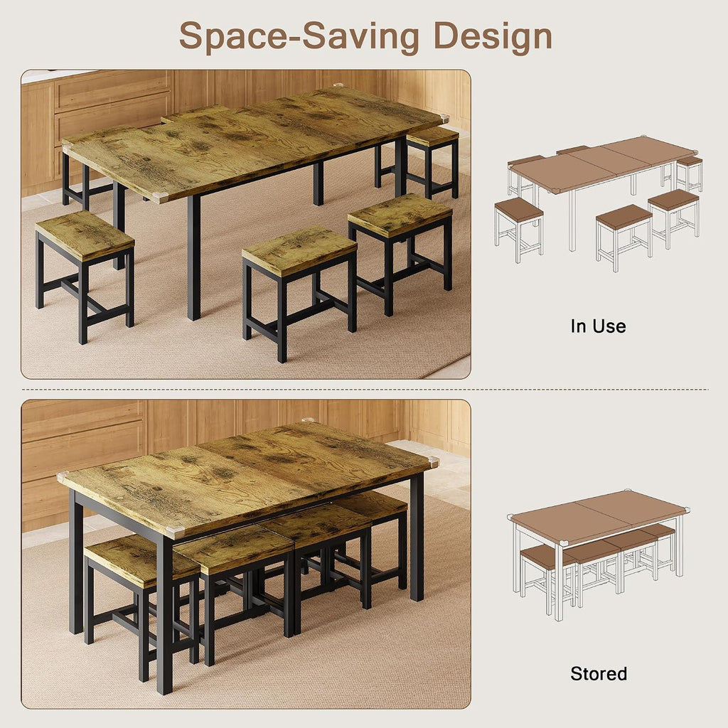Einhomn 7-Piece Dining Table Set, 63' Extendable Kitchen Room Table with 6 Stools, Mid Century Modern Dinner Table with Metal Frame & MDF Board, Space-Saving, Easy Assembly, Rustic Brown