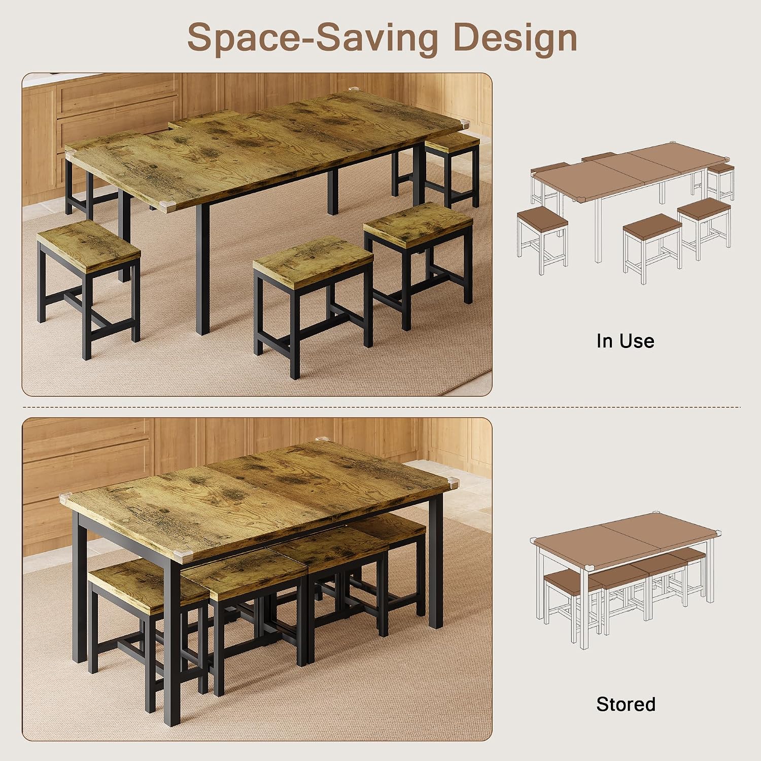 Einhomn 7-Piece Dining Table Set, 63' Extendable Kitchen Room Table with 6 Stools, Mid Century Modern Dinner Table with Metal Frame & MDF Board, Space-Saving, Easy Assembly, Rustic Brown
