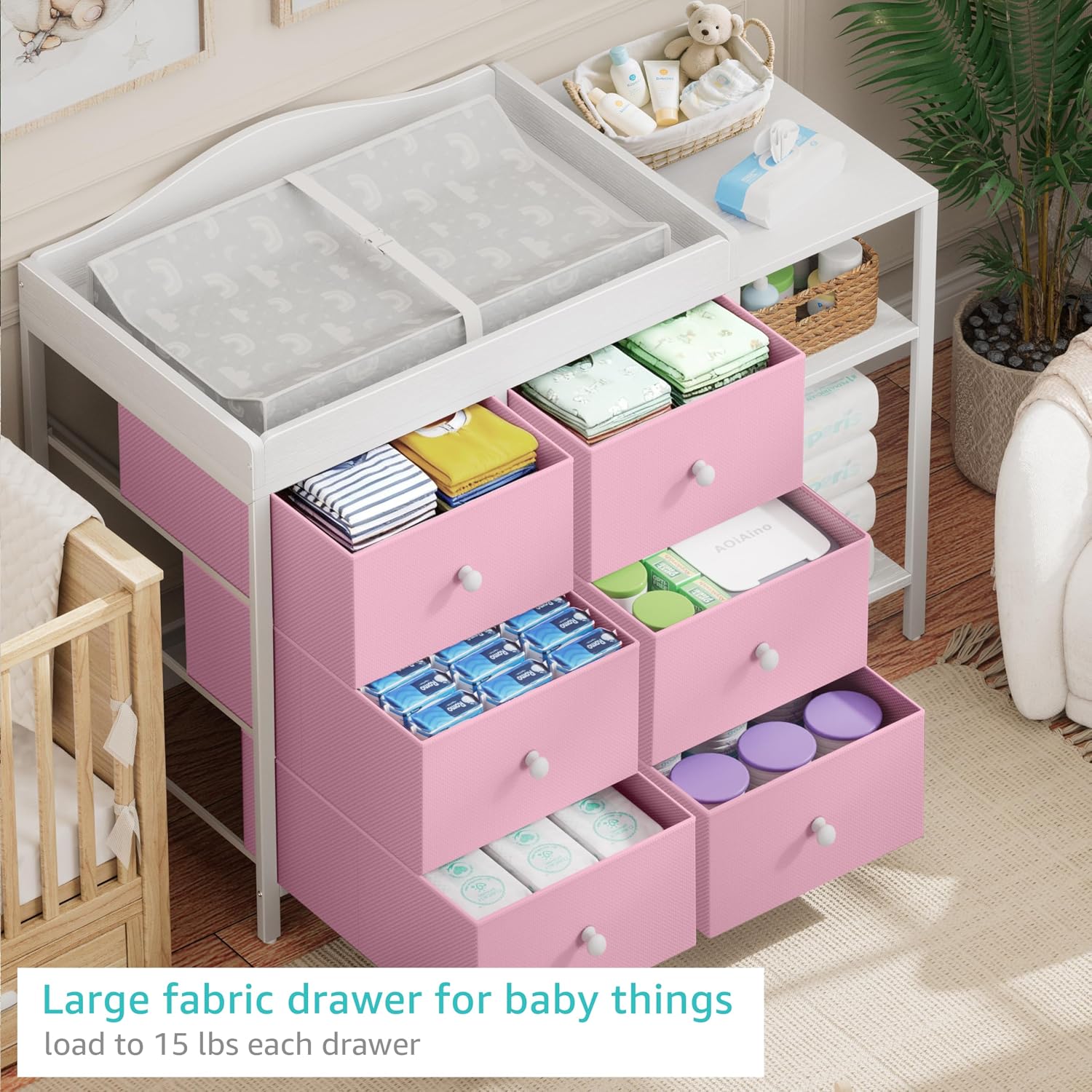BOLUO Baby Dresser with Changing Table Top, Changing Table Dresser with 6 Fabric Drawers Diaper Changing Station with Storage Shelf for Nursery Modern