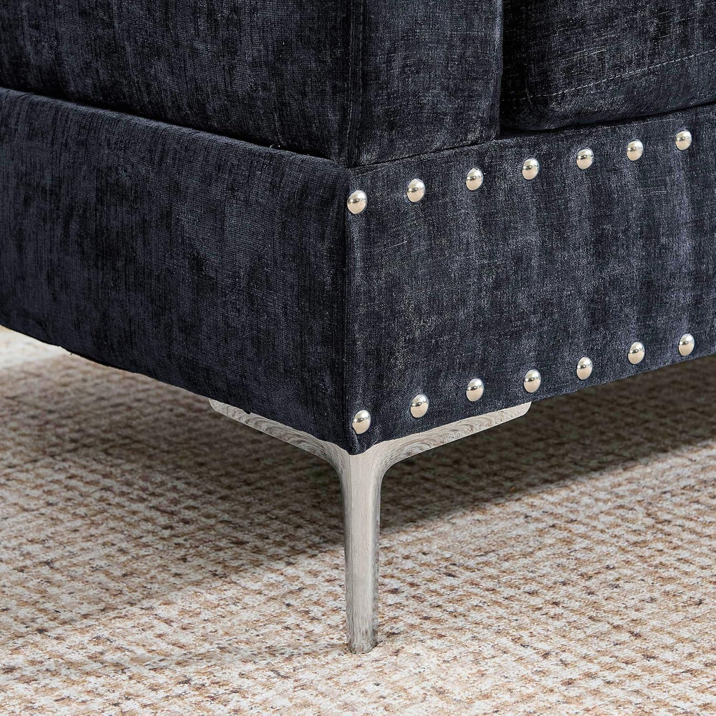 102' L-Shaped Sectional Coch with Chaise & Storage Ottoman, 4-Seater Chenille Upholstered Sofa Couch with Metal Legs & Copper Rivets, Sectional Couches for Living Room with Pillow Back, Navy Bule