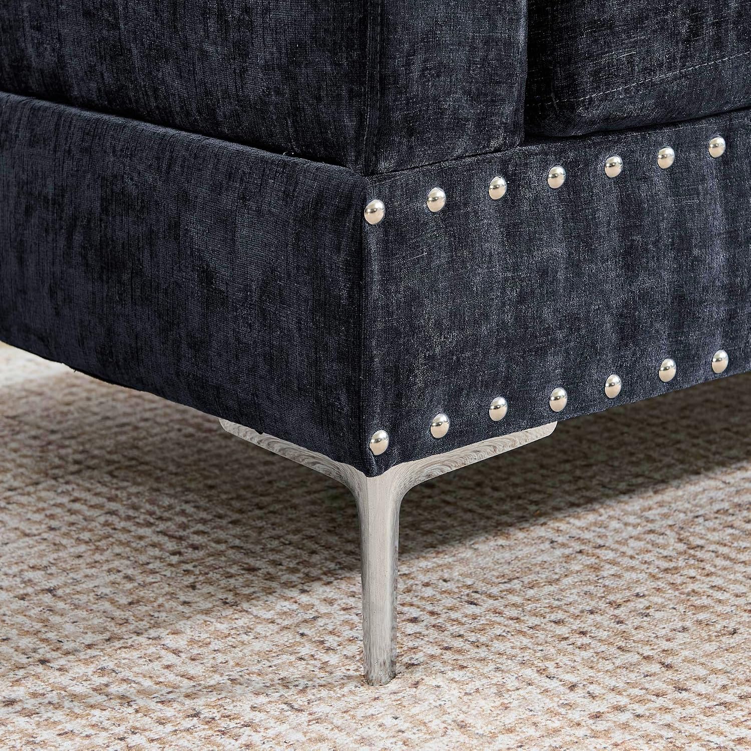 102' L-Shaped Sectional Coch with Chaise & Storage Ottoman, 4-Seater Chenille Upholstered Sofa Couch with Metal Legs & Copper Rivets, Sectional Couches for Living Room with Pillow Back, Navy Bule