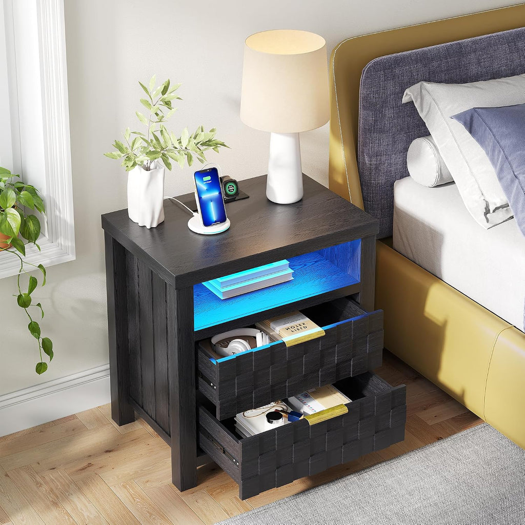 Dystler Nightstand with Charging Station, 25.6' Wide Bedside Table with 2 Drawers, Smart Side Table with 3-Color LED Lights and Adjustable Lighting for Bedroom, Black