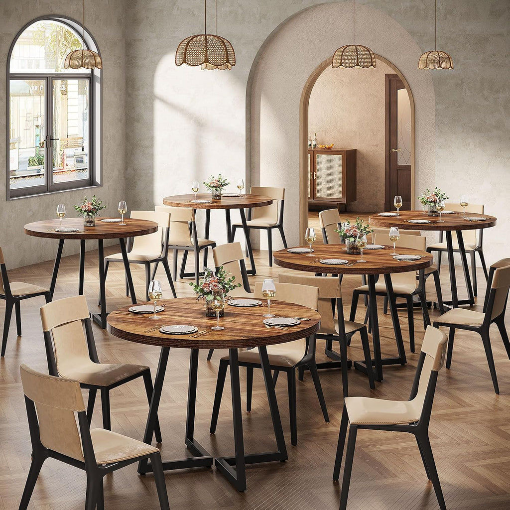 Tribesigns Round Commercial Dining Table Set of 4, 31.5' Heavy Duty Dinner Table with Metal Base, Wooden Kitchen Table for Restaurant, Cafe, Bakery, Bar, Apartment, Rustic Brown & Black