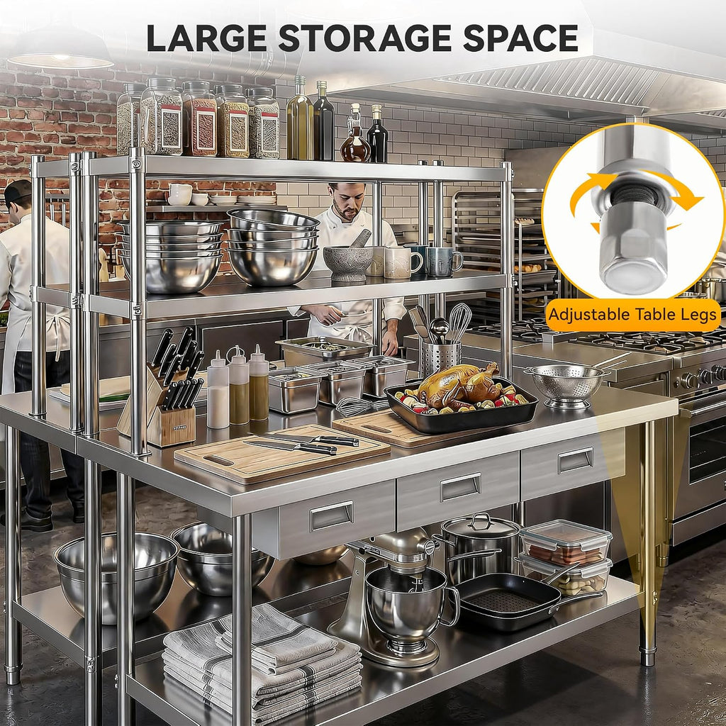 DWVO 72x24in Stainless Steel Table, NSF Metal Prep Worktable with Adjustable Overshelf & 3 Drawers for Kitchen Restaurant Hotel Garage Warehouse Home