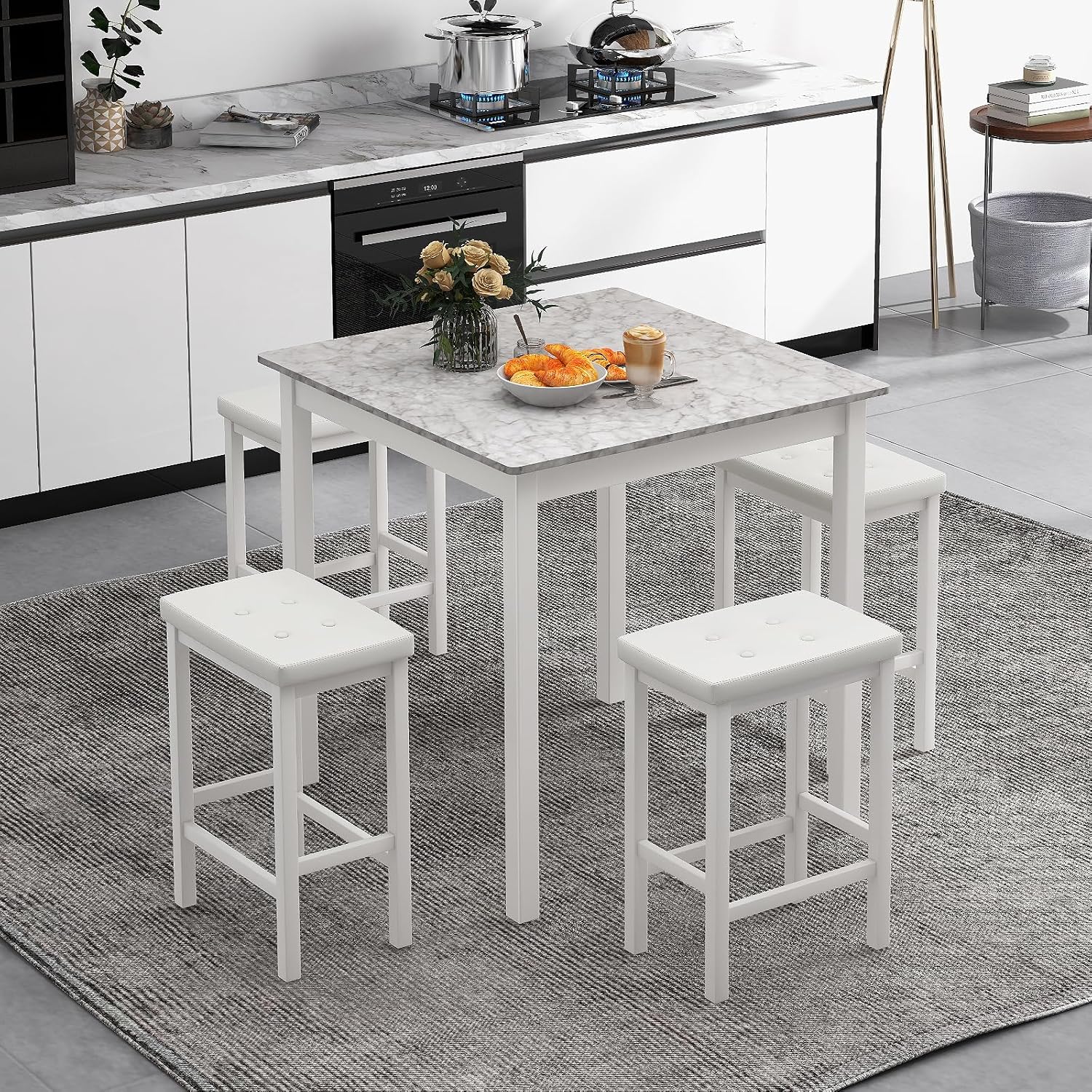 Giantex Dining Table Set for 4, Counter Height Dining Set with 4 Bar Stools, Space-Saving Kitchen Table Chairs Set for Small Place, Dinette, Breakfast Nook (White)