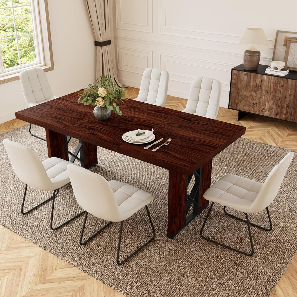 HIPIHOM 7-Piece Dining Table Set for 6 People, 70.8' MDF Kitchen Table with 6 Upholstered Chairs, Space-Saving for Dining Room, Breakfast Nook(Walnut Table+6 White Chairs
