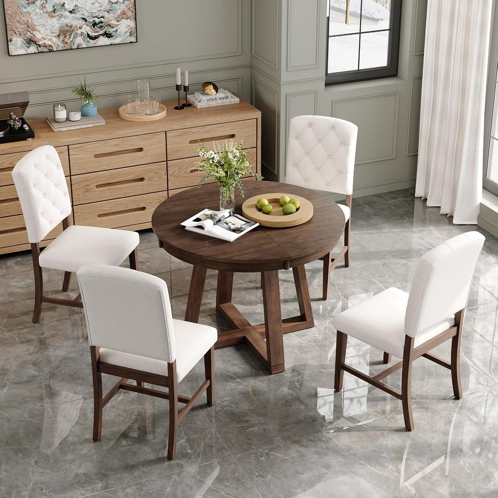 Bellemave 5-Piece Dining Table Set, Extendable Round Dining Table with 16' Removable Leaf, 4 Upholstered Button Tufted Chairs, Acacia Veneer Tabletop (Walnut)