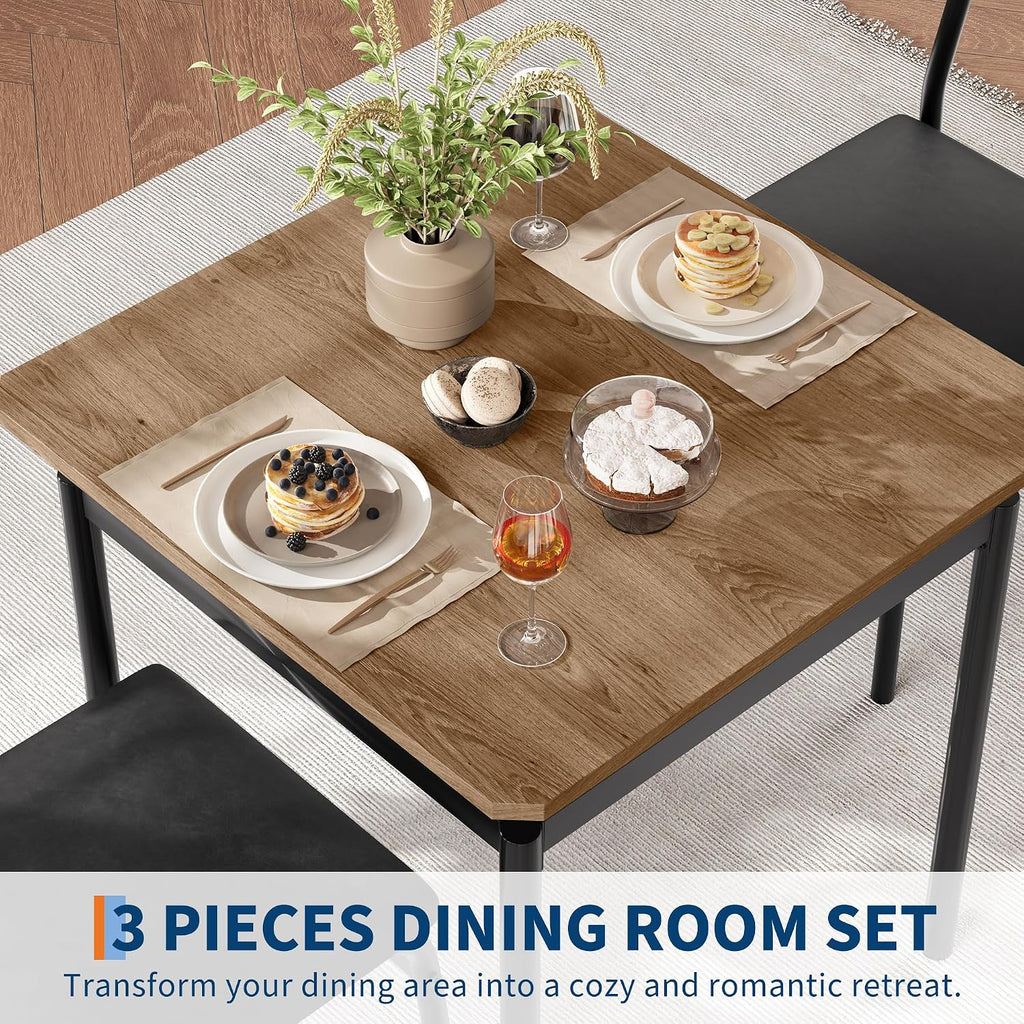 Garvee 3 Piece Dining Table Set, Kitchen Table Set for 2 with 2 PU Upholstered Chair, Industrial Metal Frame Dinette Set for Small Space, Dining Room, Apartment, Studio, Black