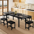Einhomn 7-Piece Dining Table Set, 63' Extendable Kitchen Room Table with 6 Stools, Mid Century Modern Dinner Table with Metal Frame & MDF Board, Space-Saving, Easy Assembly, Black