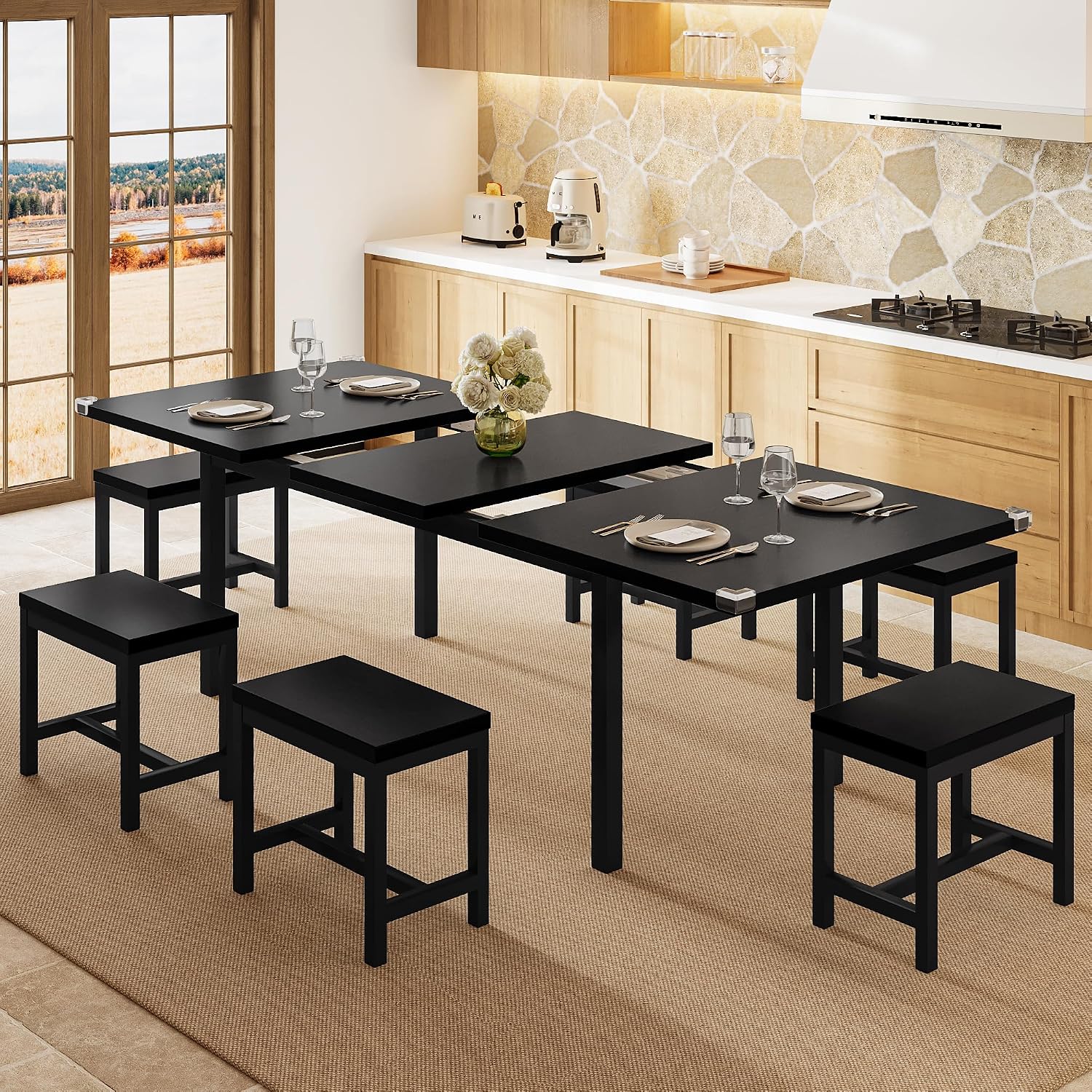Einhomn 7-Piece Dining Table Set, 63' Extendable Kitchen Room Table with 6 Stools, Mid Century Modern Dinner Table with Metal Frame & MDF Board, Space-Saving, Easy Assembly, Black