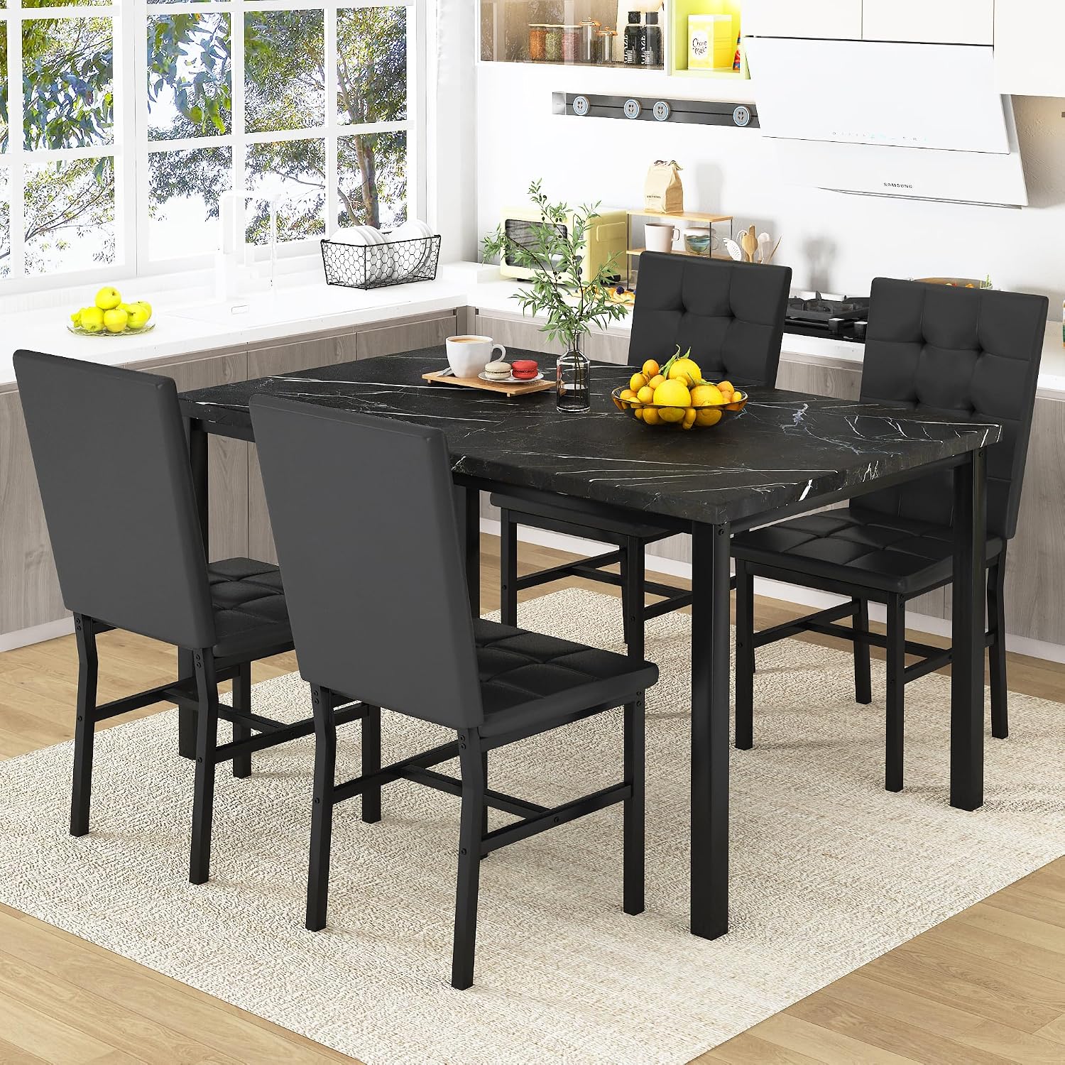 AWQM Dining Table Set for 4,Faux Marble Kitchen Table and Chairs Set of 4, Modern Dining Room Table Set for 4,Dinner Table with 4 Leather Chairs, Dinette Set for Small Spaces (Black&Black)