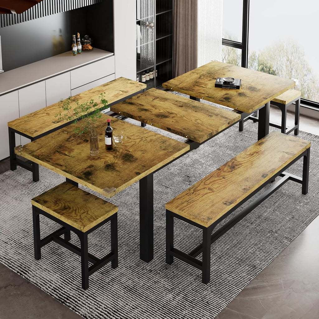 iPormis 5-Piece Dining Table Set for 4-8 People, Extendable Kitchen Table Set with 2 Benches and 2 Square Stools, Mid-Century Dining Room Table with Metal Frame & MDF Board, Saving Space, Rustic Brown