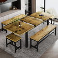 iPormis 5-Piece Dining Table Set for 4-8 People, Extendable Kitchen Table Set with 2 Benches and 2 Square Stools, Mid-Century Dining Room Table with Metal Frame & MDF Board, Saving Space, Rustic Brown
