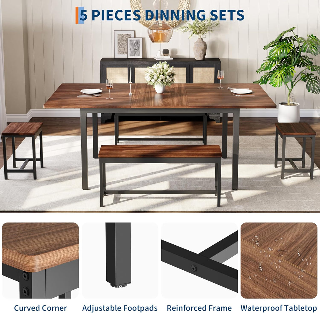 GarveeHome 5-Piece Dining Table Set for 4-8 People, 63 in Large Extendable Kitchen Table Set with 2 Benches and 2 Square Stools, Modern Dining Room Furniture Sets, Easy Assembly, Espresso