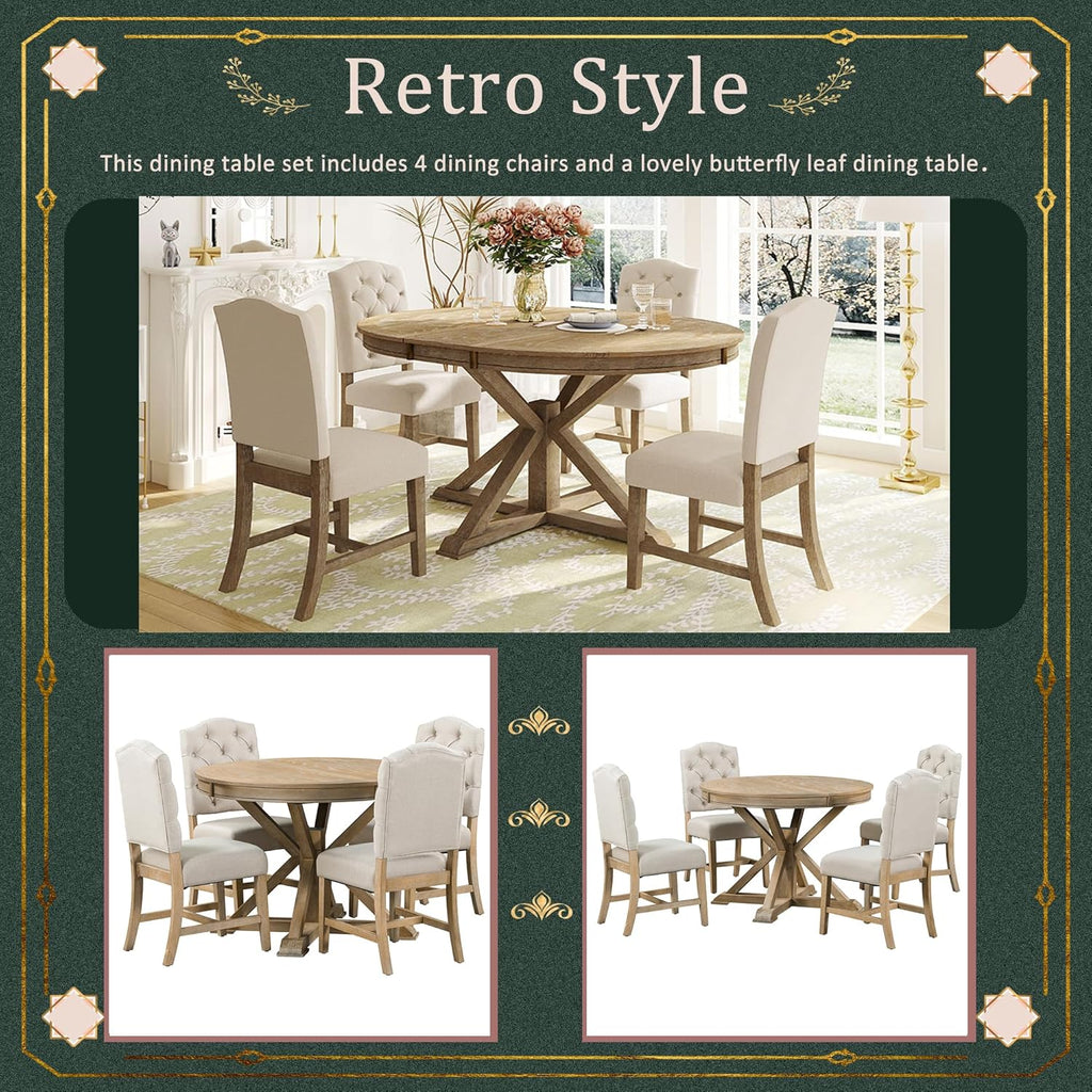 Bellemave Extendable Dining Table Set for 4, 5-Piece Round Table Set with 4 Chairs, Circle Table with Upholstered Chairs, Oval Kitchen Table Set with Extendable Table (Natural Wood Wash)