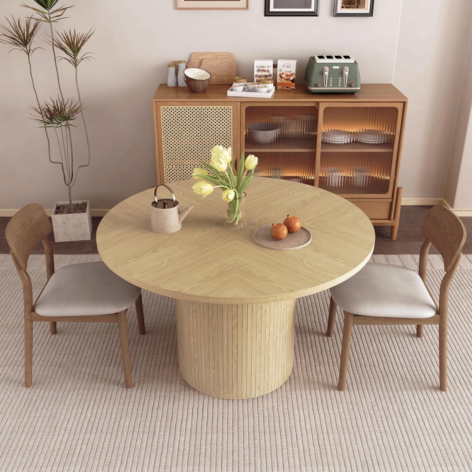 weselon Round Dining Table for 4, Modern Farmhouse Kitchen Table, 47 Inch Small Circle Dining Tables with Wood Strip Base for Kitchen Living Room (Natural)