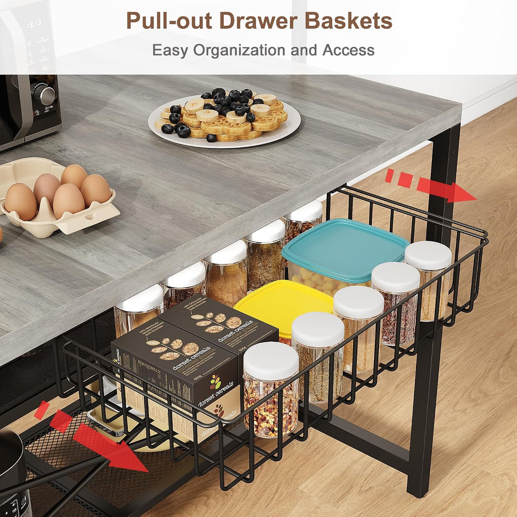 46' Large Kitchen Island Table Baker Rack with Power Outlet and 3-Tier Storage-Microwave Stand Oven Shelf, Metal Coffee Bar Table,Kitchen Storage Shelf for Dining Living Room, 5 Hooks,Grey