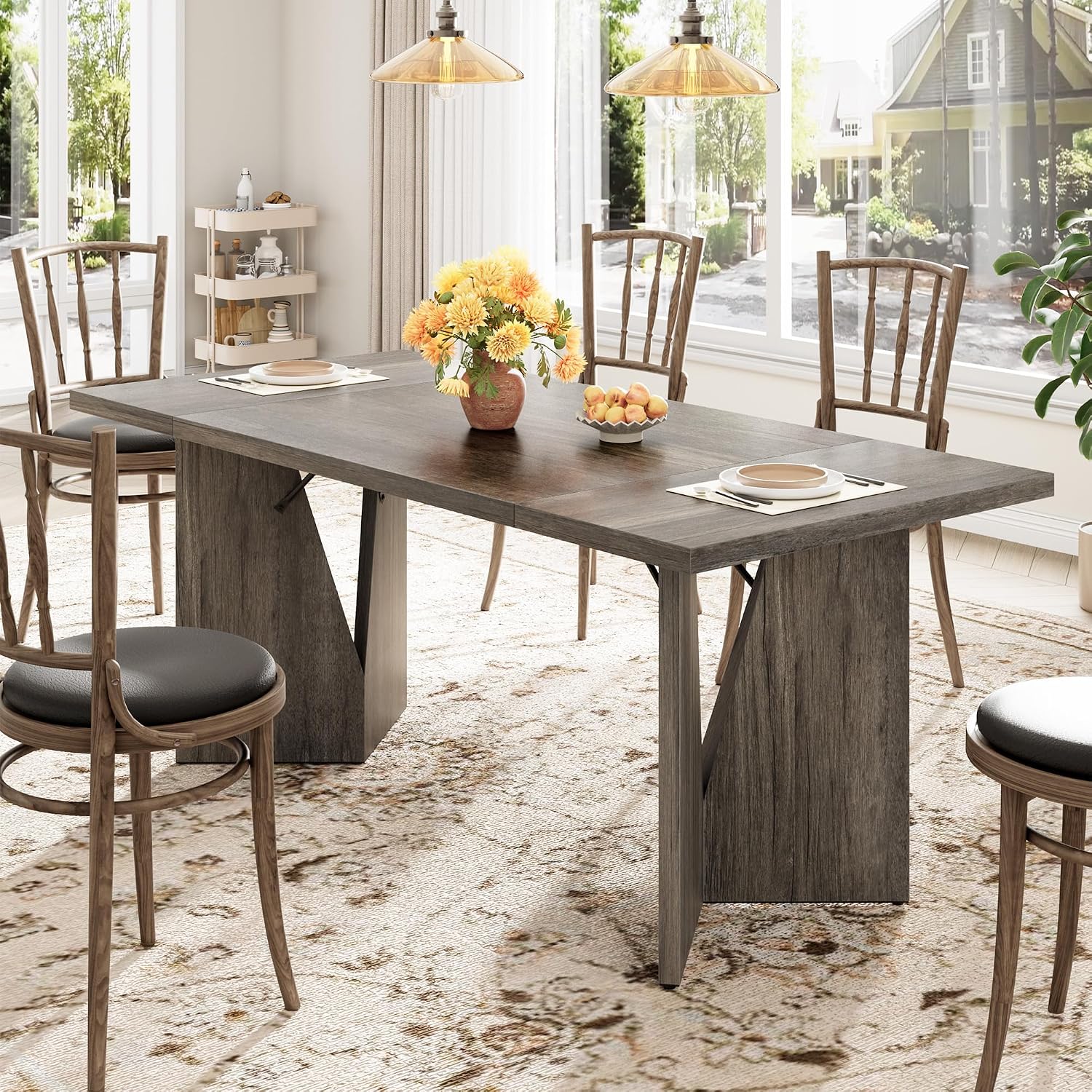 GarveeHome 70.9'' Rectangular Dining Table for 6-8, Wooden Thickened Long Desk, Farmhouse Kichen Table with Sturdy Frame and M-Shaped Legs, for Dining Room, Kitchen, Living Room, Office, Grey