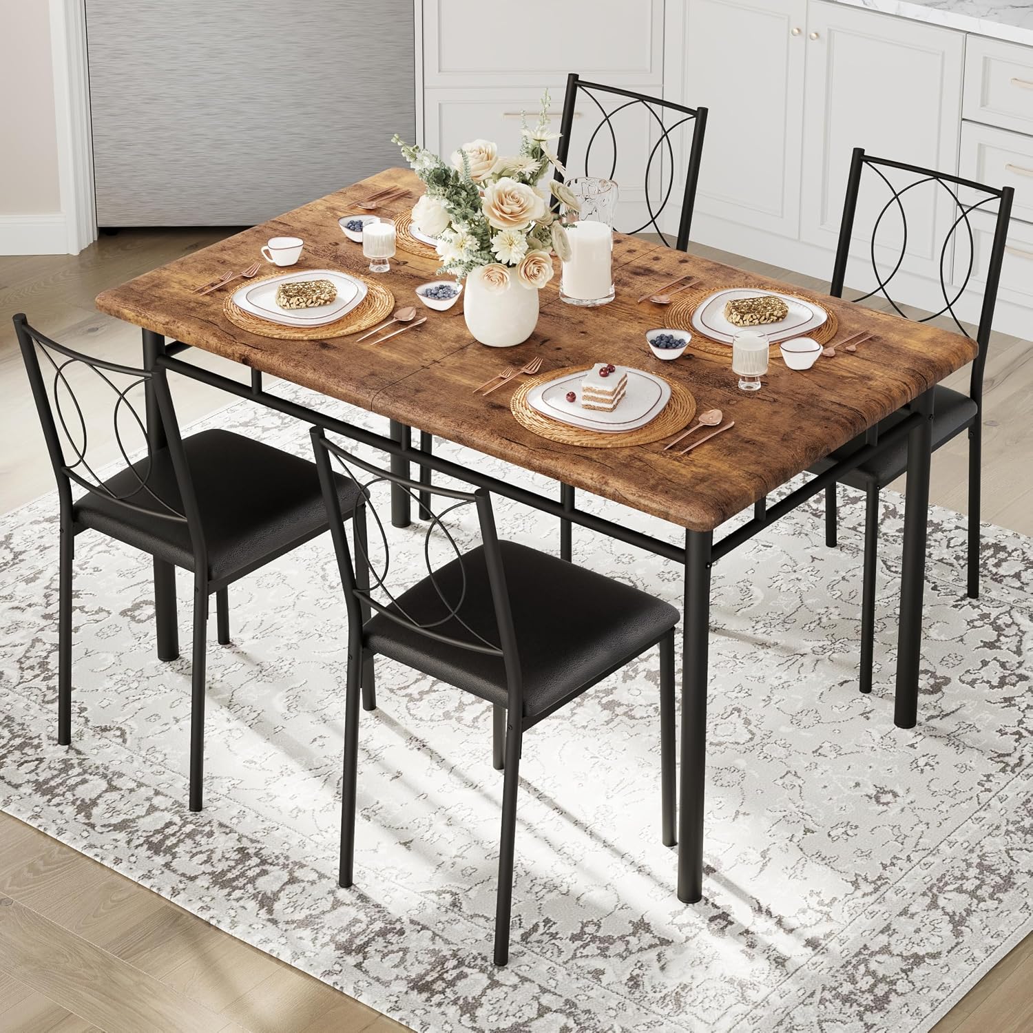 Garvee Dining Table Set for 4, Small Kitchen Table with Upholstered Chairs, Farmhouse Wood Dining Table Chairs for Kitchen Room, Small Spaces, Apartment, Brown