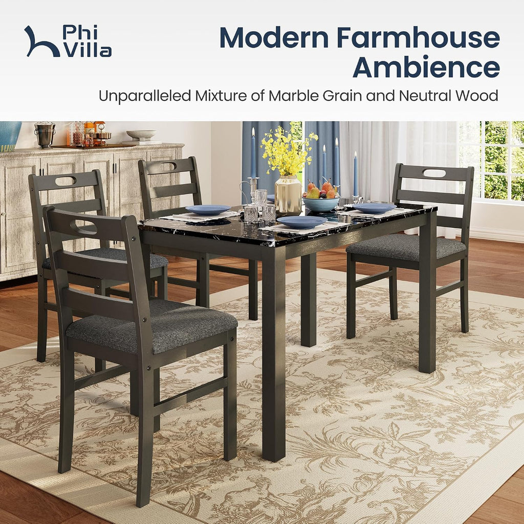 PHI VILLA Solid Wood Dining Table Set for 4, Marble Design Kitchen Table Chairs Set of 4, 5 Piece Space-Saving Dining Room Table Set for Apartment, Emperador Dark Marble& Olive