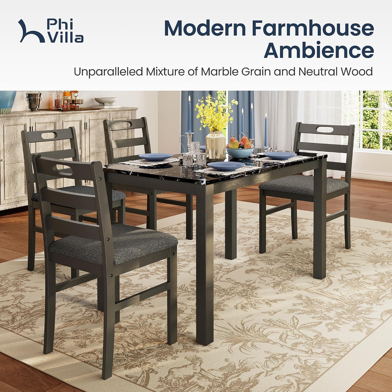 PHI VILLA Solid Wood Dining Table Set for 4, Marble Design Kitchen Table Chairs Set of 4, 5 Piece Space-Saving Dining Room Table Set for Apartment, Emperador Dark Marble& Olive