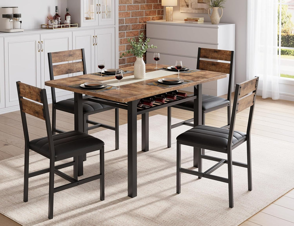 MapleGrace Dining Table Set for 4, Extendable Kitchen Table with 4 PU Leather Upholstered Dining Room Chairs, Wood Kitchen Table Set with Built-in Storage Rack for Dining & Small Spaces, Rustic Brown