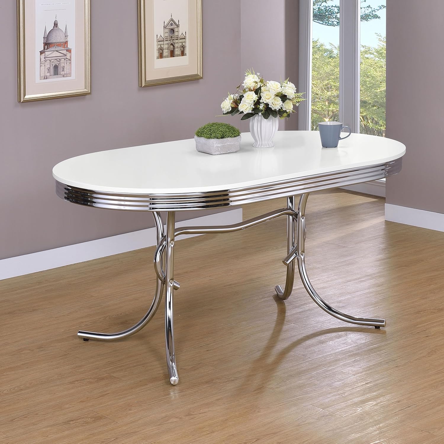 Coaster Home Furnishings Retro 1950s Soda Fountain Diner Oval Dining Room Table White Laminate Top Sturdy Steel Chrome Base 2065